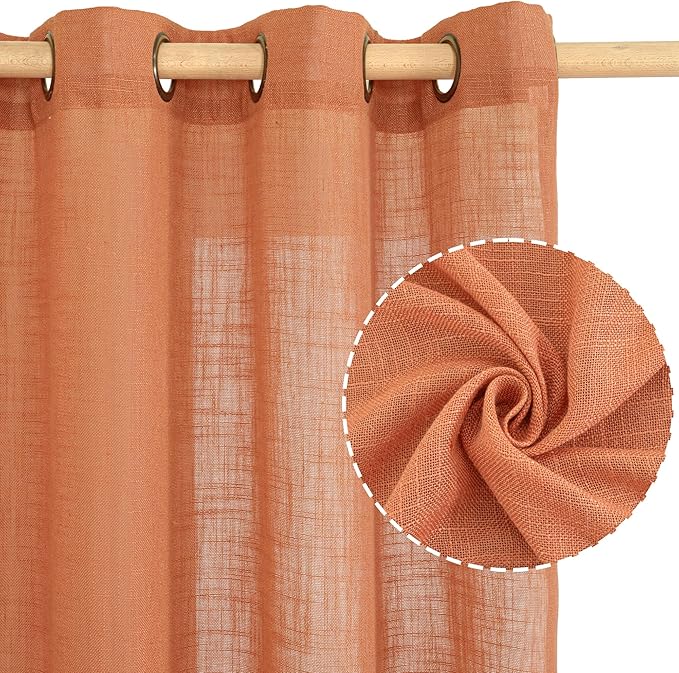 LAMIT Burnt Orange Linen Curtains for Living Room, 90 Inches Long Light Filtering Semi Sheer Panels Neutral Boho Farmhouse Drapes with Bronze Grommet for Living Room, 2 Panels, 52 x 90 Inch