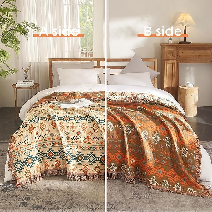 Boho Throw Blanket for Bed 80”x90”, 100% Cotton Woven Blanket for Couch Sofa, Ultra Soft 4-Layer Muslin Quilt with Diamond Pattern, Farmhouse Bed Blanket/Cover for Living Room Decor