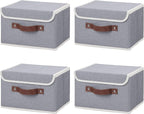 ANMINY 4PCS Storage Bins with Lid PU Leather Handles Storage Boxes PP Plastic Board Decorative Foldable Lidded Cotton Linen Fabric Home Cubes Baskets Closet Organizer Containers - Gray, Small Size