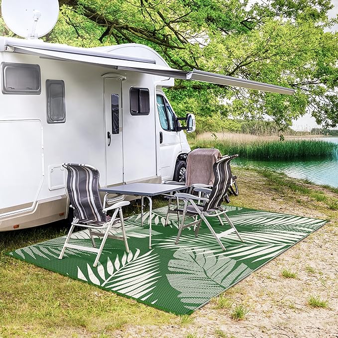 GENIMO Outdoor Rug 5' x 8' Waterproof for Patios Clearance, Reversible Plastic Straw Camping Rug Carpet, Large Area Rugs Mats for RV, Picnic, Backyard, Deck, Balcony, Porch, Dark Green&White