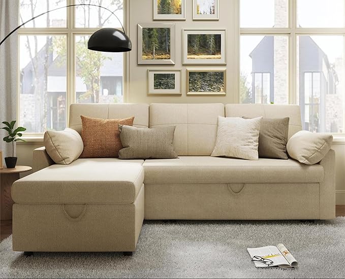 VanAcc Sleeper Sofa, Sofa Bed- 2 in 1 Pull Out Couch Bed with Storage Chaise for Living Room, Comfy Sleeper Couch, Beige Chenille
