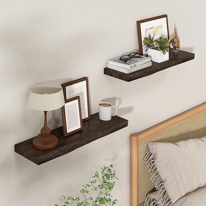 Axeman 24 inch Floating Shelves for Wall - 8'' D Live Edge Rustic Solid Elm Wood Floating Shelves Wall Mounted, Wall Shelves with Invisible Bracket for Living Room Bedroom Kitchen, Set of 2 Walnut