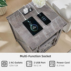 JXQTLINGMU Farmhouse End Table with Charging Station, 18'' Rustic Nightstand with Barn Door & Adjustable Shelf, Wooden Sofa Side Table with 3-Tier Storage for Living Room, Bedroom, Gray
