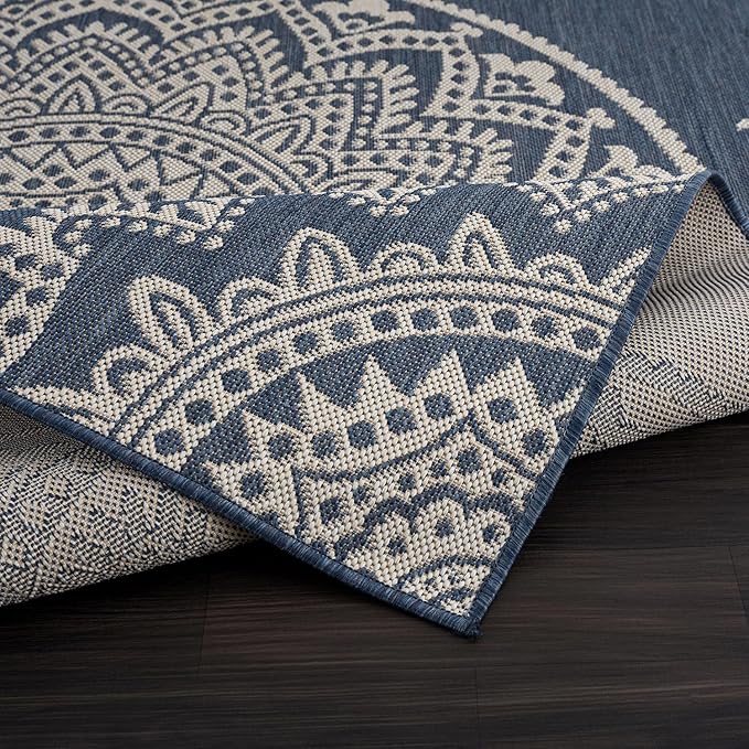 CAMILSON Outdoor Rug 10x14 Modern Area Rugs for Large Indoor and Outdoor Patios and Porches - Waterproof Washable Non-Shedding Easy-to-Clean Outside Carpet (10 x 14, Medallion - Blue/White)