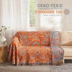 Boho Throw Blanket for Bed 80”x90”, 100% Cotton Woven Blanket for Couch Sofa, Ultra Soft 4-Layer Muslin Quilt with Vintage Floral Printed, Farmhouse Bed Blanket/Cover for Living Room Decor