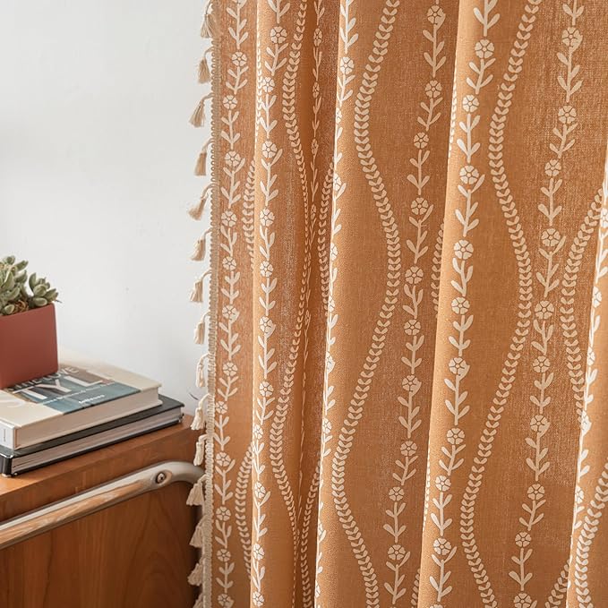 Sutuo Home Boho Curtains for Bedroom Dining Room 96 Inches Long, Printed Cotton Linen Rod Pocket Vintage Farmhouse Bohemian Tassels Window Treatment, 1 Panel 59" W x 96" L, Terracotta Stripe Florals