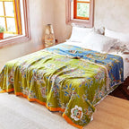 Boho Throw Blanket 80" x 90", 100% Organic Cotton Breathable Ultra Soft Bed Quilt Throw - All Season Luxury Floral Farmhouse Decor Blanket for Sofa Couch Chair and Gift. Green/Blue