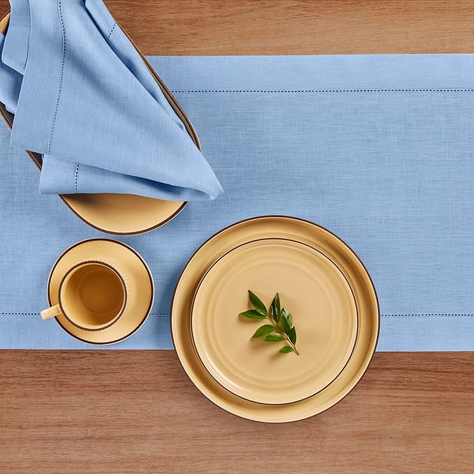 Solino Home Linen Cornflower Blue Hemstitch Table Runner 36 Inches - 100% Pure Linen Small Table Runner 14 x 36 Inch Ideal for Dresser and Coffee Tables - Classic Hemstitch