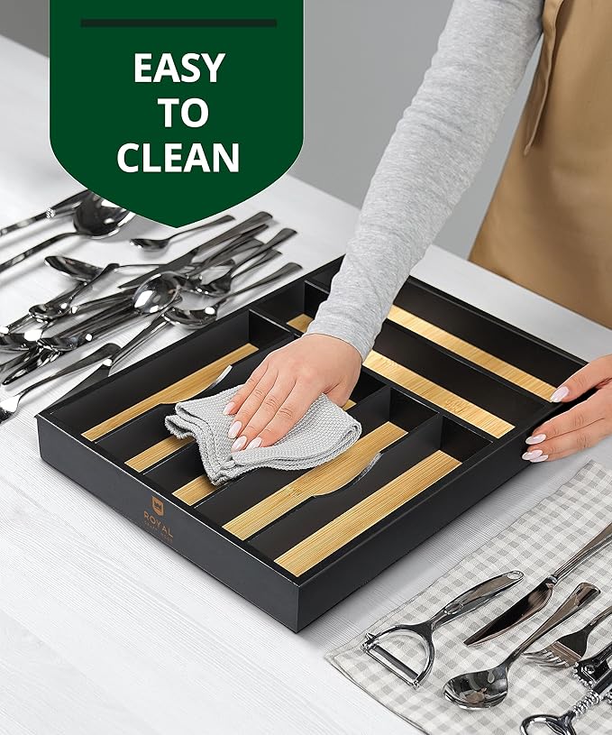 ROYAL CRAFT WOOD Luxury Bamboo Kitchen Drawer Organizer - Silverware Organizer - Utensil Holder and Cutlery Tray with Grooved Drawer Dividers for Flatware and Kitchen Utensils (7 Slot)