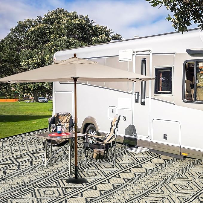 GAOMON Outdoor Rug Waterproof 8'x10', Reversible Outdoor Plastic Straw Rug, Boho Patio Rug, Indoor Outdoor Carpet, RV Mat Outside for Patio, Camp, Picnic, Balcony, Deck, Black/Coffee(Bohemia)