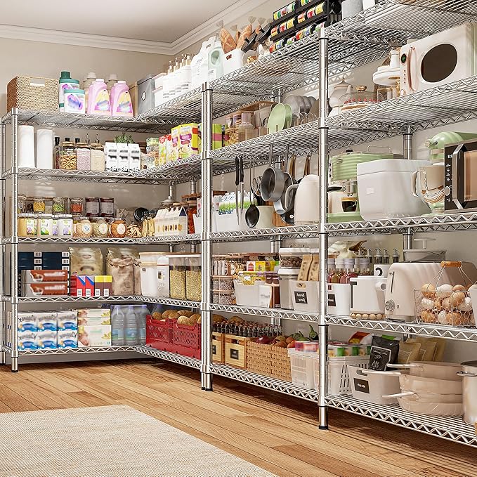 REIBII 70" W Wire Shelving Load 1500LBS, Metal Shelving 5-Tier Storage Shelves Metal Shelves for Storage Adjustable Shelving Rack for Pantry Kitchen Commercial School 70" W*15.8" D*72.4" H,Chrome
