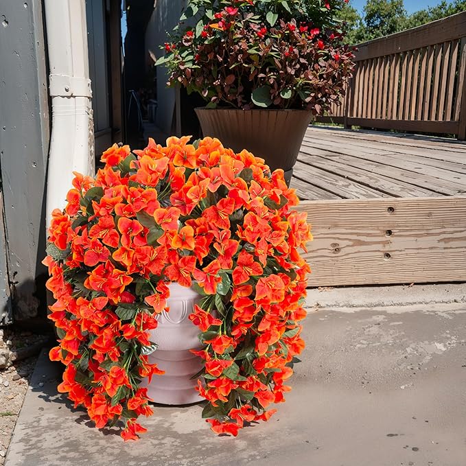 Artificial Bougainvillea Faux Flowers Plants for Outdoors Outside Fall Autumn Decor, 2 PCS Silk Trailing Vines UV Resistant Realistic Orange Fake Flowers for Planter Front Door Porch Patio Balcony