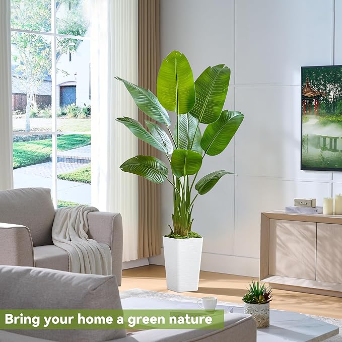 Lifelike Bird of Paradise Silk Artificial Plant Faux Banana Leaf Tree for Home Decor - Perfect Indoor Floor Plant with 9 Trunks (1, White Tall Planter, 5 FT)