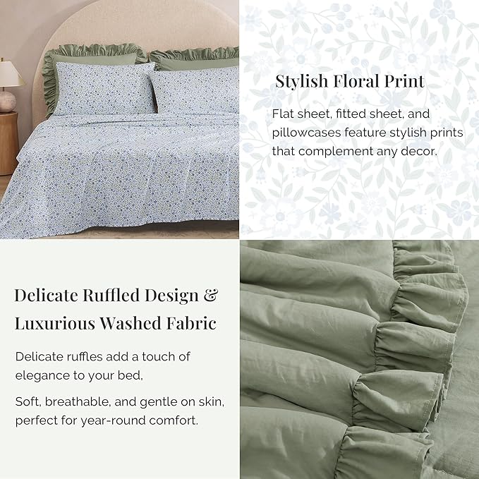 King Comforter Set - 7 Pieces Ruffle Sage Green Bedding Sets, Shabby Chic Farmhouse Bed in a Bag King with Ruffle Comforter, Floral Sheets, Pillowcases & Shams