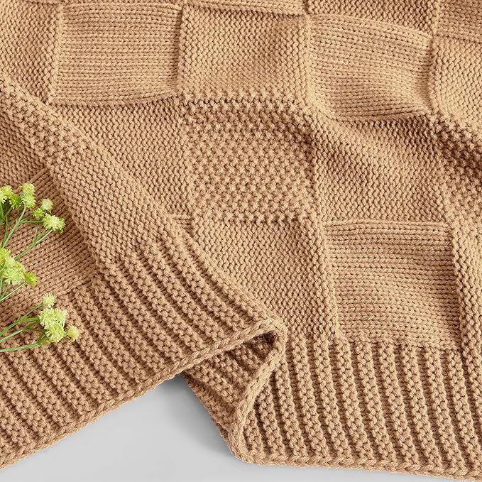 CozeCube Check Knit Throw Blanket, Beige Checkered Throw for Couch, Decorative Christmas Soft Cozy Warm Knitted Blanket for Bed Sofa Living Room, 60"X80"