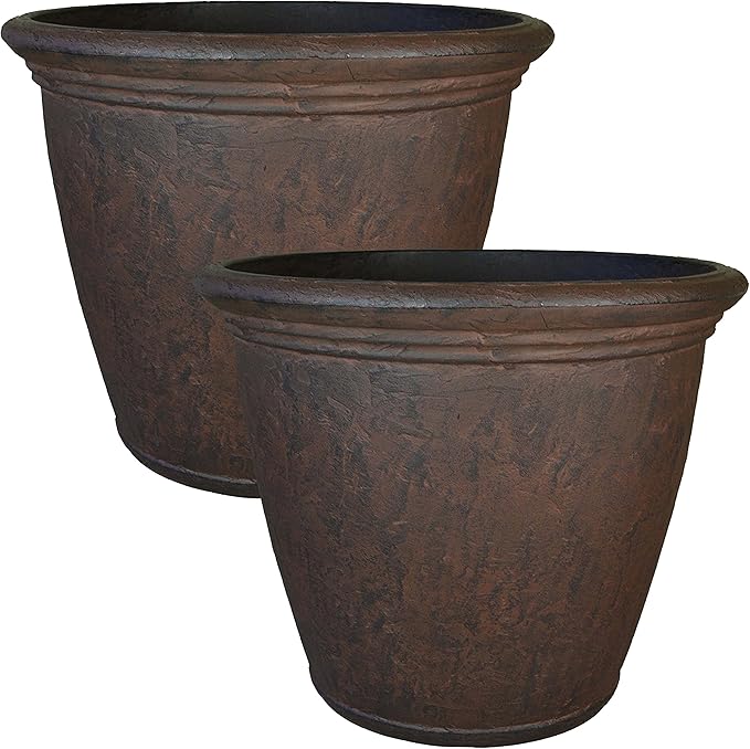 Sunnydaze 24-Inch Anjelica Large Plastic Pot for Plants - Outdoor Polyresin Round Planter with Drillable Drainage Holes - Rust - 2pk