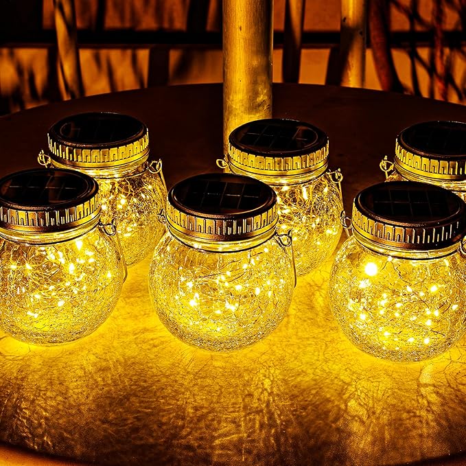 Cooo 6 Pack Crackle Glass Solar Lantern with 30 LED Firefly Lights– Waterproof Outdoor Hanging Lamp 215% Larger Solar Panel, Anti-Rust Lids Decorative Lighting for Garden Patio Table