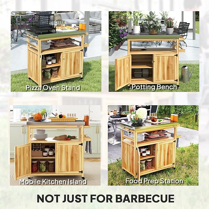 Outsunny Outdoor Grill Cart with Wheels and Storage, Solid Wood Outdoor Kitchen Island with Stainless Steel Top, Movable Bar Cart with Spice Rack, Side Handle, Integrated Hole for BBQ, Natural Wood