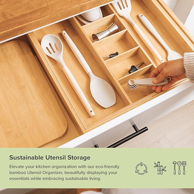 Adjustable Kitchen Drawer Organizer for Utensils and Junk, Food-Safe Contract Grade with 100% Sustainable Wood, Expandable from 19 to 33 Inches Wide - Natural Bamboo