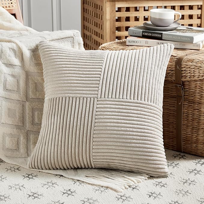 Fancy Homi 2 Packs Neutral Taupe Decorative Throw Pillow Covers 16x16 Inch for Living Room Couch Bed, Rustic Farmhouse Boho Home Decor, Soft Corss Patchwork Corduroy Textured Square Cushion Case 40cm