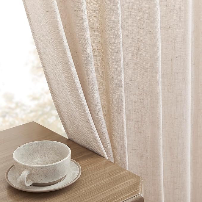 Joydeco Linen Curtains for Living Room,Semi Sheer Drapes Window Long Curtains 108 inches Long Pink Beige