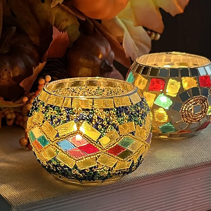 SHMILMH Glass Candle Holder Set of 4, Diwali Gift Votive Candle Holders Handmade Mosaic Glass Tealight Holders Diwali Christmas Table Decorations for Home