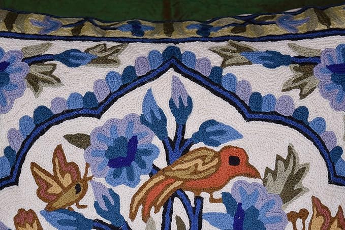 Blue Tree of Life Pillow Cover Blues Birds Floral Decorative Pillowcase Flower Outdoor Suzani Cushion Needlepoint Hand Embroidered Wool Size - 18x18