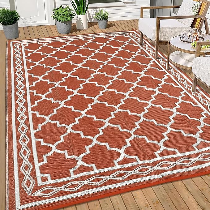 GAOMON Outdoor Plastic Straw Rug, 10'x20' Reversible Sage Green Patio Mat, Flower Modern Design for RV, Backyard, Deck, Camping, Picnic, Orange/White(Geometric)