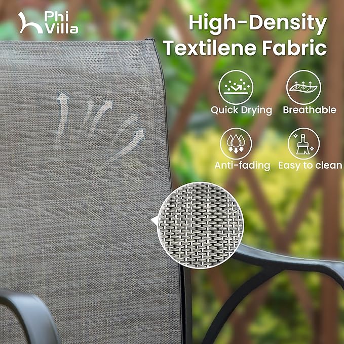 PHI VILLA 3 Piece Outdoor Bar Set, Bar Height Patio Bistro Table and Bar Chairs with Gray Textilene Fabric & Rustproof Metal Frame for Backyard, Balcony, Garden Poolside