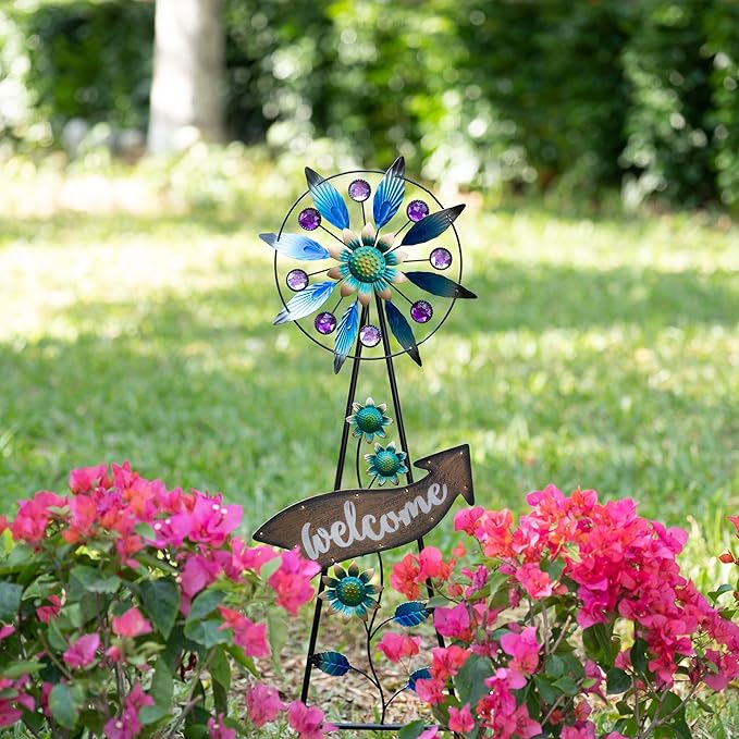 TERESA'S COLLECTIONS Peacock Garden Decor Solar Stake, Wind Spinner for Outdoor Decorations, Metal Windmill Blue Floral Yard Art Sign Decorative Garden Stake for Lawn Ornaments, Gifts for Mom, 26''