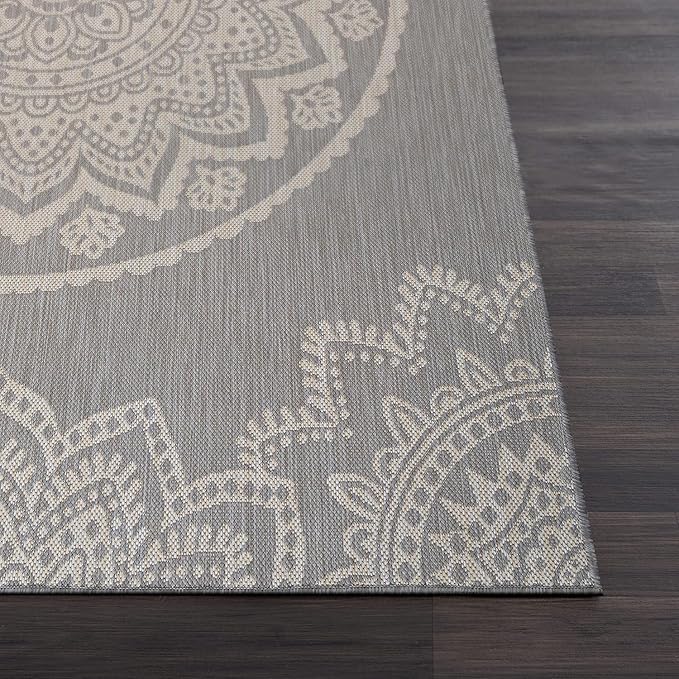 CAMILSON Outdoor Rug 9x12 Modern Area Rugs for Large Indoor and Outdoor Patios and Porches - Waterproof Washable Non-Shedding Easy-to-Clean Outside Carpet (9 x 12, Medallion - Grey/White)