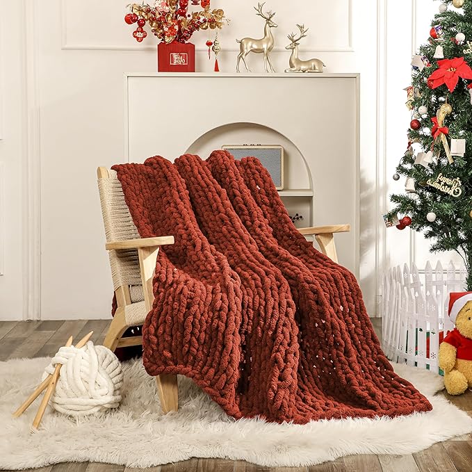 WESHIONGOO Chunky Knit Blanket Throw Knitted Throw Blankets for Couch Bed Fluffy Soft Blanket with Jumbo Chenille Yarn Thick 100% Handmade(Rust, 50"×60")