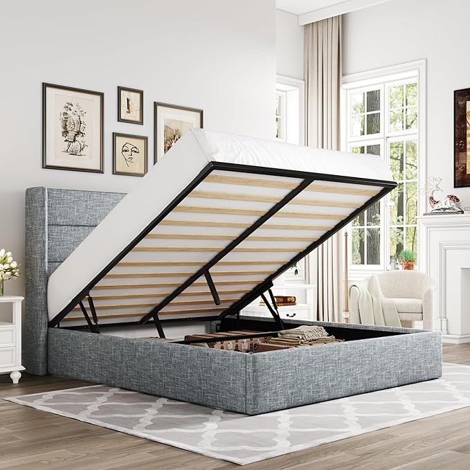 Allewie Full Size Lift Up Storage Bed, Modern Wingback Headboard, Hydraulic Support, No Box Spring Needed, Grey Blue
