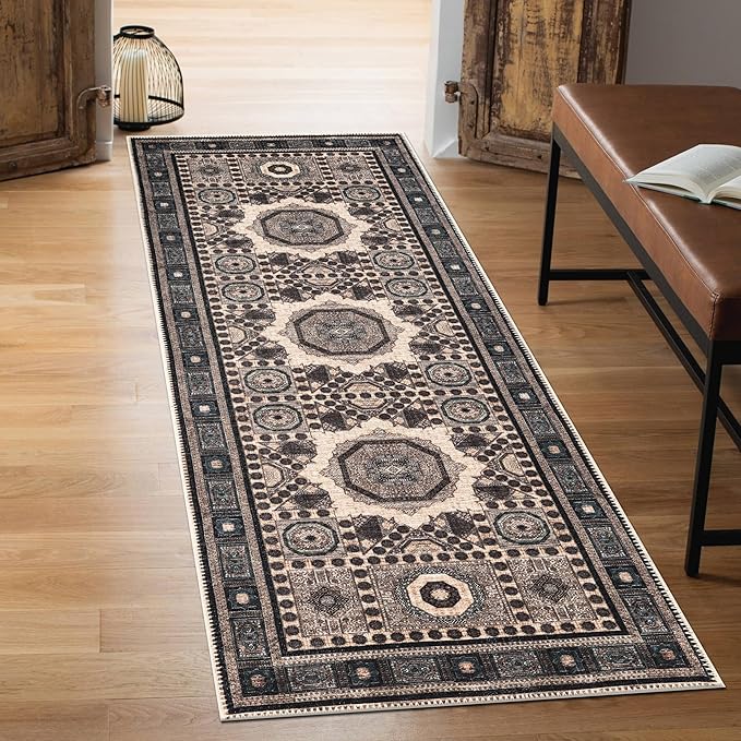 Keen Home Design 2x10 Rug - Machine Washable Runner Rug with Non-Slip Backing, Ideal for Hallway, Entryway, Kitchen, Laundry Room - Vintage, Easy Clean, Durable, Low Pile - (2'6" x 10')