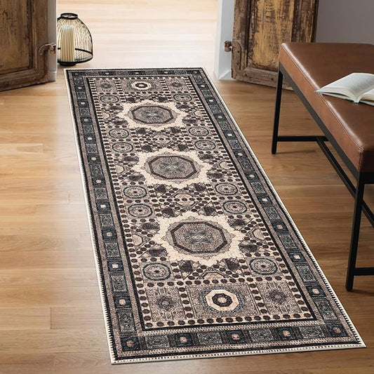 Keen Home Design 2x10 Rug - Machine Washable Runner Rug with Non-Slip Backing, Ideal for Hallway, Entryway, Kitchen, Laundry Room - Vintage, Easy Clean, Durable, Low Pile - (2'6" x 10')