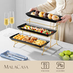MALACASA 3 Tier Serving Trays for Party, 14 Inch Porcelain Black Trays for Serving Food, Dessert Stand with Collapsible Gold Metal Rack