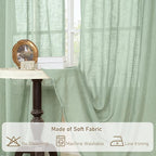 LAMIT Short Linen Curtains 40 Inch Length for Small Window, Fresh Green Light Filtering Semi Sheer Panels Bronze Grommet Neutral Drapes for Basement/Window, 2 Panels, 34 x 40 Inch
