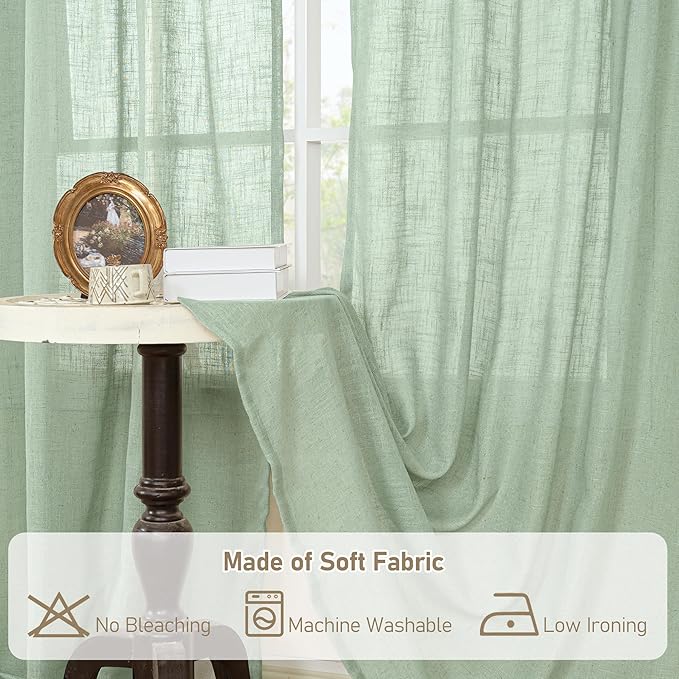 LAMIT Linen Curtains 48 Inch Length 2 Panels, Light Filtering Panels Bronze Grommet Neutral Drapes for Kitchen/Window/Loft Room/Bedroom, 34 x 48 Inch, Fresh Green