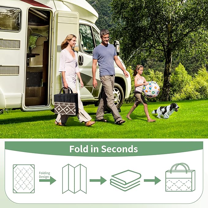GENIMO Outdoor Rug Waterproof for Patio, 9'x12' Foldable Reversible Plastic Straw Carpet for Travel Trailers, Outside Area Mat for Rv, Deck, Picnic, Porch, Camper, Balcony, Beach, Coffee & Beige