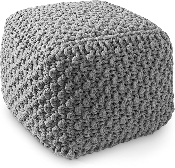 Casafield Square Pouf Ottoman, Light Gray 18.5" W x 18.5" D x 14.5" H Cotton Knit Foot Stool - Boho Floor Pouffe for Living Room, Bedroom, Home Office