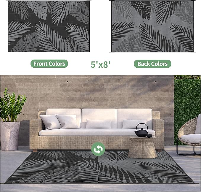 GENIMO Outdoor Rug 5' x 8' Waterproof for Patios Clearance, Reversible Outdoor Plastic Straw Camping Rug Carpet, Large Area Rugs Mats for RV, Picnic, Backyard, Deck, Balcony, Porch, Beach, Black&Grey