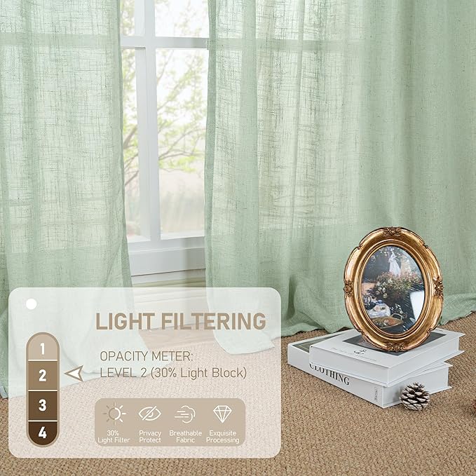 LAMIT 95 Inches Long Fresh Green Linen Curtains for Living Room, Bronze Grommet Linen Textured Curtains Light Filtering Boho Drapes for Bedroom/Dining Room, Set of 2, 52 x 95 Inch