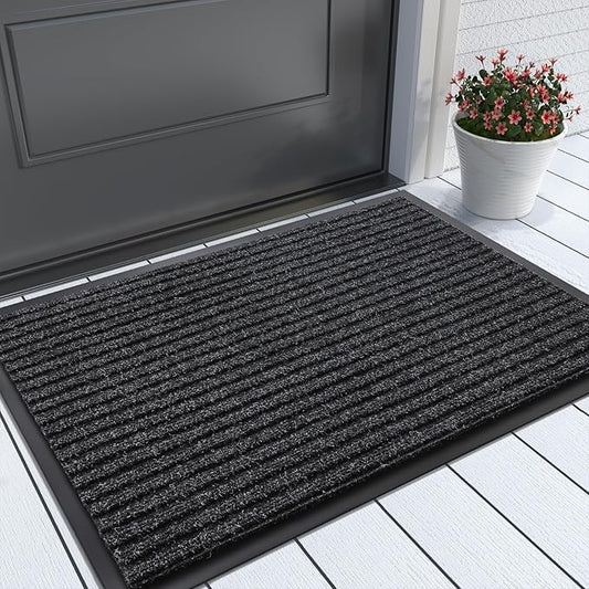 Yimobra Front Door Mat Outdoor Indoor Entrance, 100% Waterproof All-Season All Weather Doormat, Welcome Matt Outside Entry, Non Slip, Low Profile, Heavy Duty Patio Porch Floor Mat,29.5 x 17,Black Grey