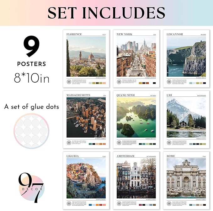 97 Decor Vintage Travel Wall Decor - Around World Travel Wall Art, Trendy City Wall Art Prints, Retro New York Europe Aesthetic Destination Pictures (8x10 Unframed)