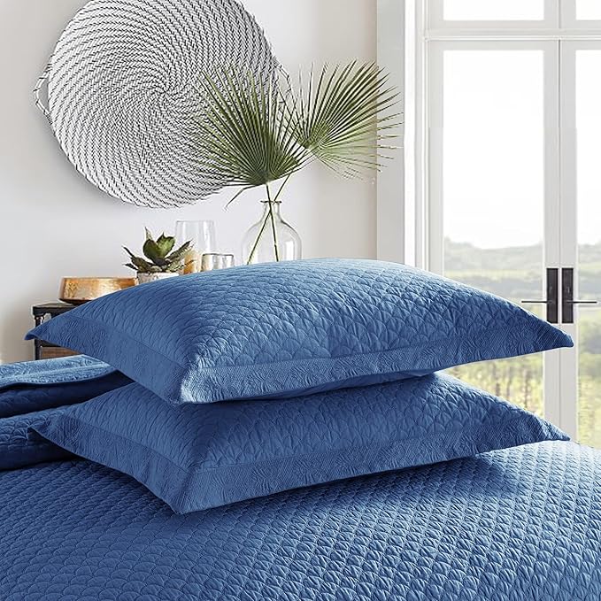 MarCielo 3-Piece 100% Cotton Oversized Bedspread Lightweight Quilt Coverlet Embroidery Farmhouse Bedding Set (TM Midtone Blue, Oversized Queen (100"x106"))