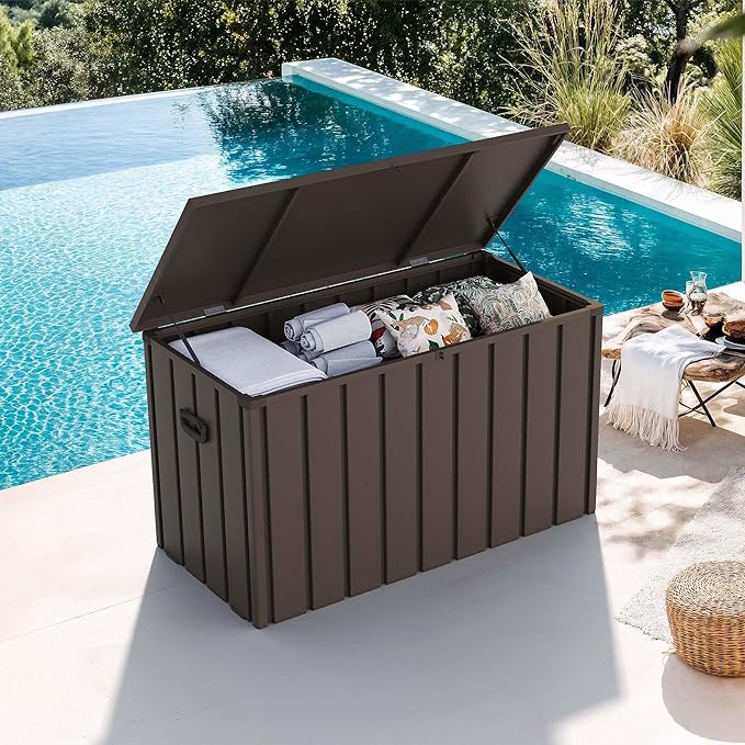 PURPLE LEAF Outdoor Deck Box 120 Gallon Waterproof Lockable Storage Box Container with Lid Deck Organization for Patio Cushions Side Table Pool Accessories Garden Tools, Brown