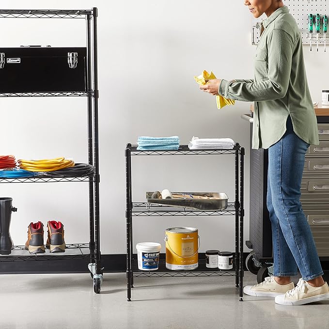 Amazon Basics 3-Shelf Adjustable Heavy Duty Steel Wire Rack Storage Shelving Organizer for Kitchen, Garage, 23.2" L x 13.4" W x 30" H, Black