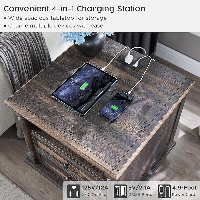 T4TREAM 24'' Farmhouse End Table w/4 Solid Wood Feet, Large 2 Drawers Wide Sofa Side Table with Charging Station, Tall Rustic Wood Square Nightstand for Living Room, Bedroom, Office, Dark Rustic Oak