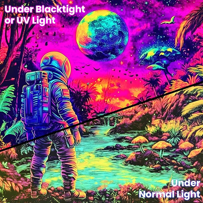 BVBOX Astronaut Space Blacklight Tapestry 79"x59", UV Reactive Astronaut Tropical Rainforest Universe Galaxy Planet Glow in Dark Tapestries, Black Light Neon Upright Poster Wall Hanging Backdrop Decor for Bedroom Living Room