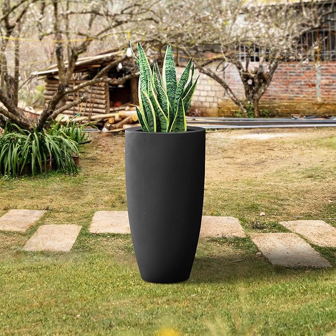Kante 23.6" H Black Finish Concrete Tall Planters Large Outdoor Indoor Decorative Plant Pots with Drainage Hole and Rubber Plug, Modern Tapered Style for Home and Garden